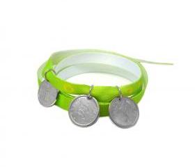 Light green bracelet - dolphins, lighthouse and sea horse sterling silver 925 pendants on satin ribbon