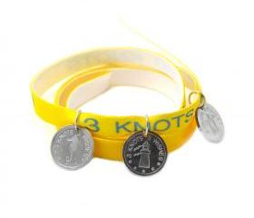 Yellow wristband - sea horse, turtle and lighthouse sterling silver 925 pendants on satin ribbon