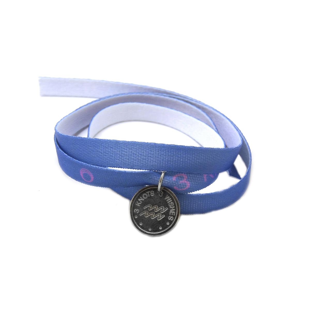 Aquarius horoscope sign light blue wristband- sterling silver 925 pendant on satin ribbon
