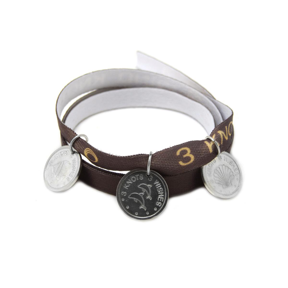 Light brown bracelet - dolphins, sea shell and fish sterling silver 925 pendants on satin ribbon