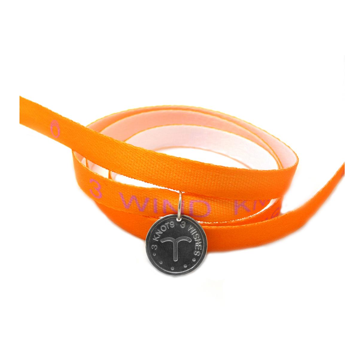Aries zodiac sign orange wristband- sterling silver 925 pendant on satin ribbon